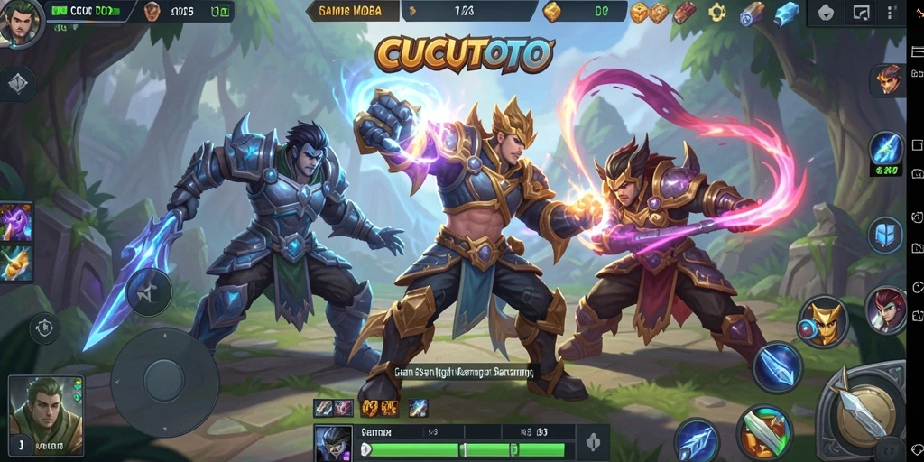Tampilan gameplay seru dalam CUCUTOTO, penuh aksi MOBA.