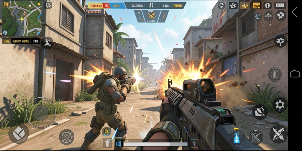 Tampilan gameplay seru dari F08 yang menampilkan aksi pertempuran TPS.