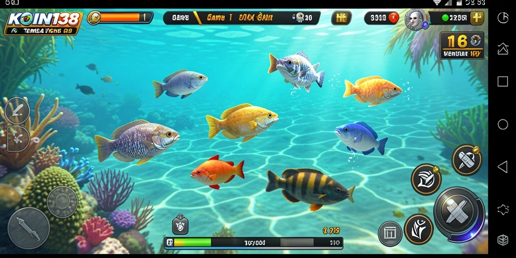 Screenshot gameplay KOIN138 yang menunjukkan aksi tembak ikan yang mendebarkan.