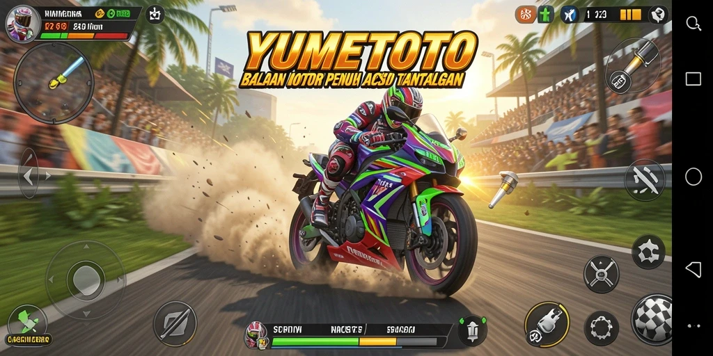Tangkapan layar YUMETOTO menampilkan aksi balapan motor yang seru dan mendebarkan.