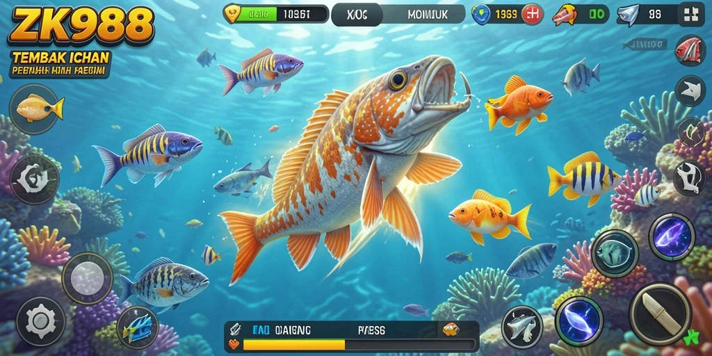 Tangkapan layar ZK988 menampilkan aksi menembak ikan yang seru.