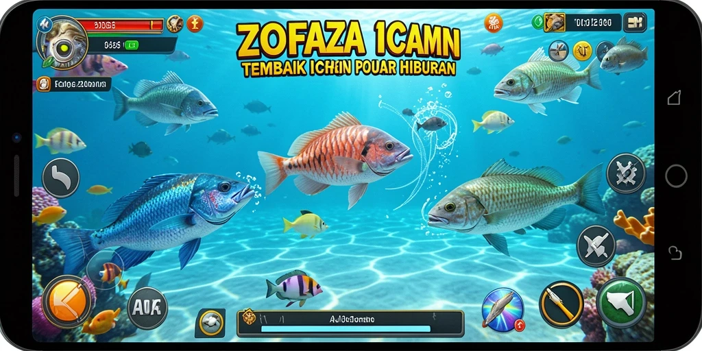 Tangkapan layar ZOFAZA menunjukkan aksi menembak ikan yang seru.